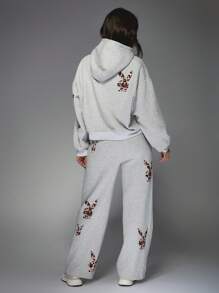 Missguided x Playboy 2pcs Women Leopard Letter Print Hooded Sweatshirt And Pants Casual Set, MISSGUIDED, Autumn - Grey - View 2
