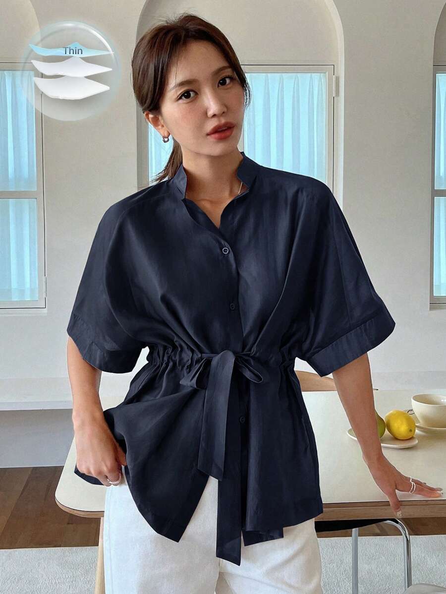 DAZY 女士休闲商务腰部抽绳设计纽扣衬衫夏季，荷叶边，商务休闲女装