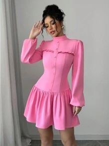 Elenzga Đầm thiết kế nút cổ đứng tay đèn lồng màu trơn cho nữ, mùa thu - Hồng - Xem 1