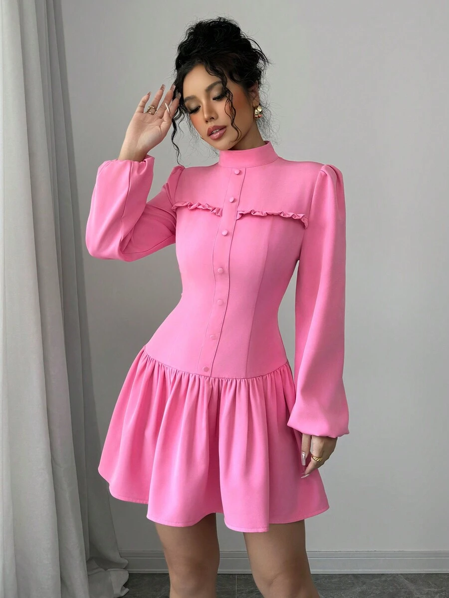 Elenzga Đầm thiết kế nút cổ đứng tay đèn lồng màu trơn cho nữ, mùa thu - Hồng - Xem 1