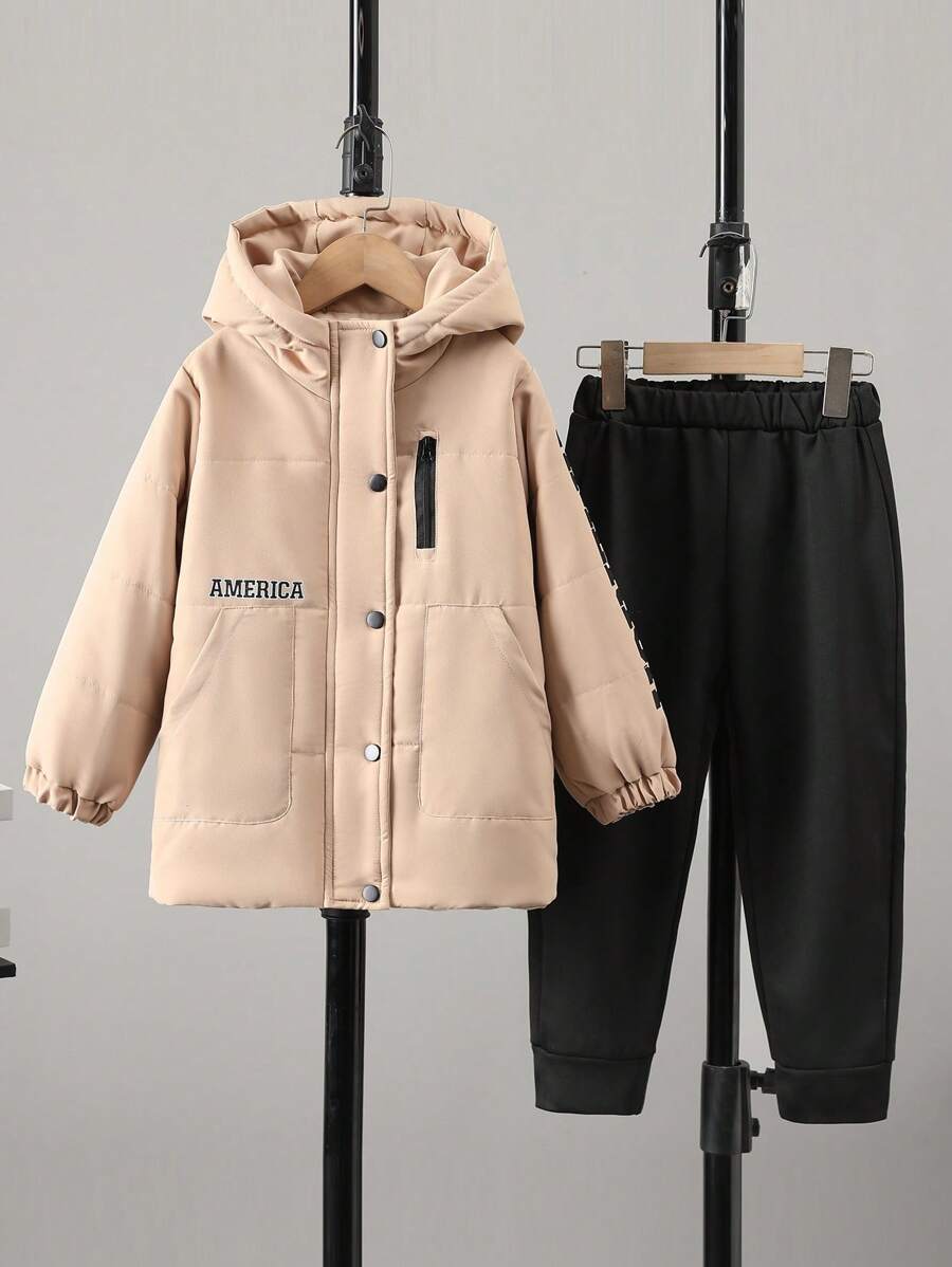 Young Boys 2024 Mid-Length Hooded Jacket, Autumn/Winter Casual Warm Thickened Zip Up Pockets Print Outfit, Comfortable & Stylish Outerwear Clothes Set - Khaki - View 1