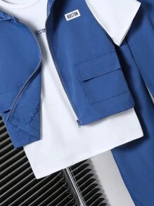 SHEIN 3 件套 Tween Boy 休闲套装：黑色连帽背心、白色 T 恤、黑色裤子 - 藍色 - 查看 6