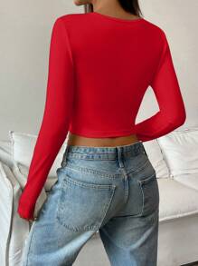 SHEIN 1 件女式纯色 V 领长袖休闲衬衫 - 紅色 - 查看 2