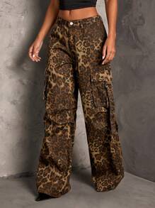 SHEIN BAE 女士宽松工装裤豹纹纯棉