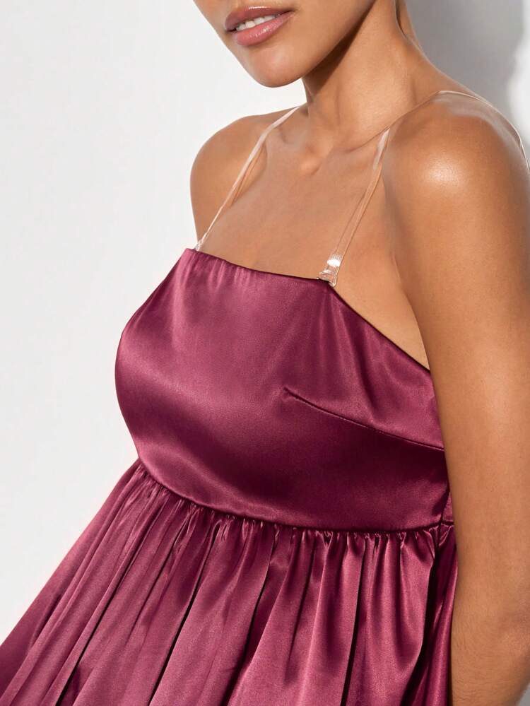 SHEIN Maija 여성 우아한 빨간색 새틴 & 새틴 탈부착 스트랩 랩 헴 패션 크리스마스 파티 미니 스파게티 스트랩 드레스, 가을/겨울