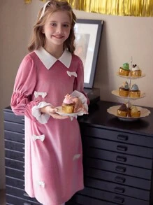 SHEIN Vestido casual de moda de manga larga con manga farol y mariposa rosa para niñas preadolescentes, conjunto a juego de hermanos/hermanas (se venden por separado 2 piezas)