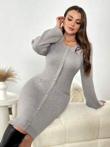 SHEIN Frenchy 优雅 U 领修身大码灰色毛衣连衣裙，秋冬款