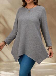 EMERY ROSE 大码休闲纯色不对称下摆 T 恤，秋季，新年女式上衣，春季