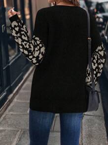 EMERY ROSE Women Casual Leopard Print Patchwork Sweater, Autumn/Winter
