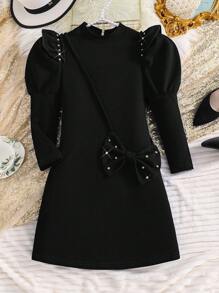 女孩优雅珍珠泡泡袖 A 字裙，蝴蝶结点缀公主裙，适合秋冬季