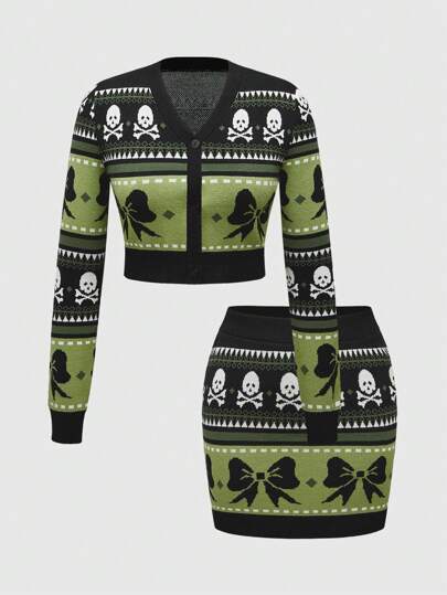 Fairycore Set de 2 piezas: Cárdigan con adorno de esqueleto y falda de punto