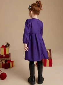 PrepCrw Young Girls' Autumn/Winter Academia Style Navy Blue Bowknot Woven Cinched Waist A-Line Ruffle Hem Round Neck Dress