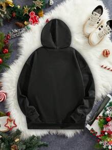 Manfinity Homme Men's Loose Fit Fun Snowman Christmas Pattern Dropped Shoulder Thick Hoodie - Black - View 5