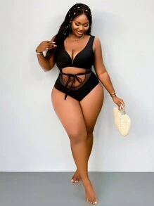 SHEIN Slayr CURVE Plus Size Black Sexy Mesh Splice Hollow One-Piece Swimsuit Summer
