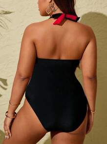 SHEIN Slayr CURVE 1 件大码拼色 V 领吊带连体泳衣夏季 - 紅色 - 查看 2