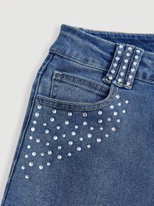 SHEIN MOD Women's Rhinestone Embellished Pocket Flare Leg Casual Versatile Jeans