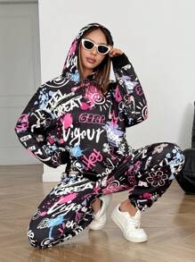SHEIN 2pcs/Set Teen Girl Colorful Letter Graphic Print Hooded Autumn Sweatshirt And Sweatpants, Thermal Lined , Thickened, Casual - Black - View 6