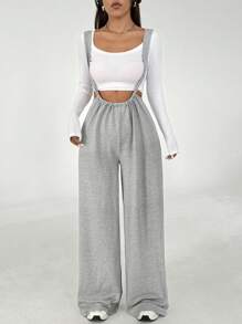 SHEIN Unity Minimalist Casual Solid Color Sleeveless Straight Leg Jumpsuit Pants - Grey - View 6
