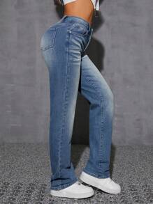 SHEIN EZwear 休闲洗水做旧中腰牛仔裤 - 藍色 - 查看 6