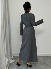 Elenzga Women's Solid Color V-Neck Double-Breasted Overcoat With Belt, Autumn/Winter - Grey - View 3