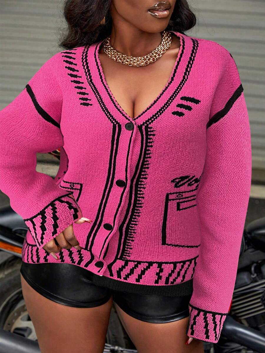 Slaydiva Áo len cardigan dệt kim dài tay cổ chữ V, màu đỏ tía thường ngày, thu/đông - Màu Hồng Tươi - Xem 1