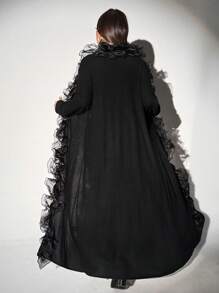 Maweii 大码花卉蕾丝边华夫格针织开衫 - 黑色 - 查看 2