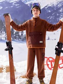 SHEIN 2pcs Tween Boy Winter Casual Outdoor Hoodie And Sweatpants Set - Coffee Brown - View 5