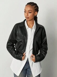 SHEIN EZwear Women's Vintage Y2K Casual Pu Jacket Back To School - Black - View 4
