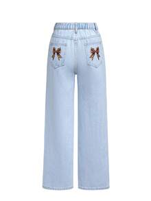 myriadwaveart Artist Tween Girl Front Button Pockets Bow Print Casual Jeans, Holiday, New Year, Thanksgiving - Blue - View 1