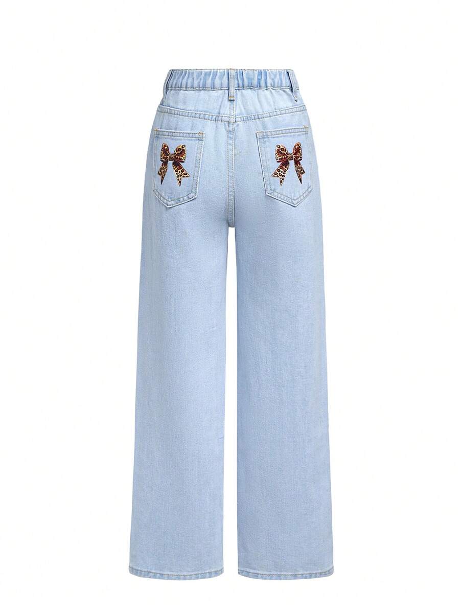 myriadwaveart Artist Tween Girl Front Button Pockets Bow Print Casual Jeans, Holiday, New Year, Thanksgiving - Blue - View 1