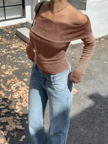 SHEIN EZwear Women Open Shoulder Long Sleeve Crop Top T-Shirt - Camel - View 6
