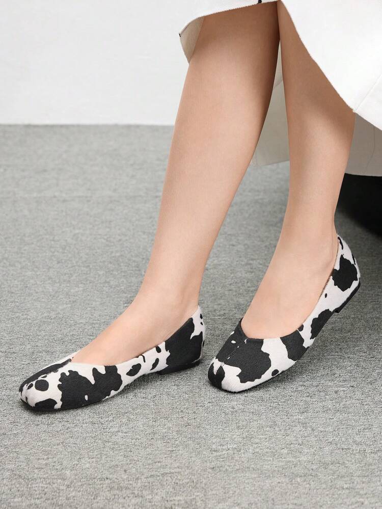 CUCCOO BIZCHIC Women Square Toe Flat Shoes,Black&White Color Block, Faux Suede Fabric, Fashionable & Comfortable For Outdoor, Daily Wear, Party