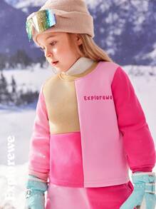 SHEIN 2pcs Young Girl Crew Neck Patchwork Contrast Color Sweatshirt And Pants Set - Hot Pink - View 5