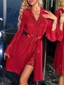 SilkySpell 2pcs/Set Lace Floral Decor Sexy Camisole Nightgown And Robe - Burgundy - View 6