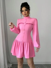 Elenzga Đầm thiết kế nút cổ đứng tay đèn lồng màu trơn cho nữ, mùa thu - Hồng - Xem 6