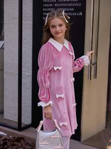 SHEIN Vestido casual de moda de manga larga con manga farol y mariposa rosa para niñas preadolescentes, conjunto a juego de hermanos/hermanas (se venden por separado 2 piezas)