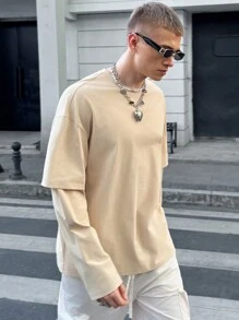 Manfinity VCAY Camiseta de manga larga casual y holgada de punto para hombre, uso diario de moda para jóvenes