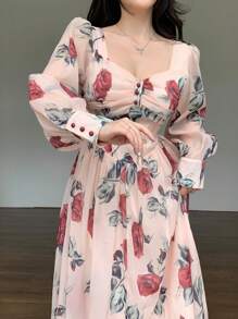 DAZY 方领满花印花灯笼袖女士中长连衣裙，秋装长袖连衣裙