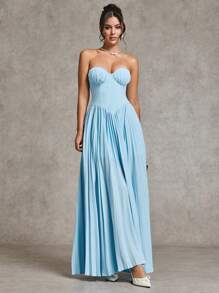 SHEIN BAE فستان سواري أنيق بخصر عالي مطوي مناسب للنساء، لون أزرق سادة، مناسب لحفلات الكوكتيل والمواعيد الرومانسية وارتداء طبقات في الخريف والشتاء وحفلات الزفاف وعيد الهالوين وعيد الميلاد