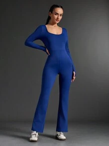 SHEIN Sports Damen einfarbiger Jumpsuit mit rundem Ausschnitt, Langarm und weitem Bein - marineblau - Übersicht 5