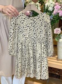 SHEIN LMoss Kids LMoss 年轻女孩休闲风格长袖花卉印花连衣裙，背面有蝴蝶结装饰，适合秋冬季年轻女孩的休闲日常穿着 - 彩色 - 查看 2