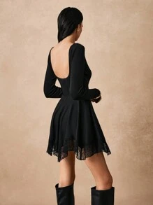 Poéselle Bộ đồ liền thân nữ Đầm nữ Đầm đen hở lưng viền ren bất đối xứng Đầm dệt kim màu trơn hở lưng cổ tròn tay dài Đầm mini thanh lịch cho nữ, Đầm mini thu đông cho nữ Đầm mùa đông Quần áo nữ mùa đông Đầm ngày lễ tình nhân Đầm suông Boho Quần Đầm mùa đông Đầm dự tiệc cho nữ, - màu đen - Xem 6