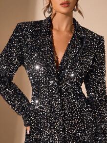 SHEIN BAE Sequin Patchwork Front Button Long Sleeve Elegant Blazer Jacket