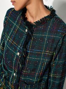 Maija Women's Elegant Plaid Fringe Trim Casual Jacket Coat, Suitable For Christmas, Autumn/Winter - Dark Green - View 5