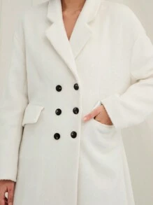 Enchnt 冬季优雅女士纯色双排扣长袖大衣，保暖大衣，时尚日常穿着，适合万圣节、感恩节、圣诞节派对和浪漫晚餐约会 - 白色 - 查看 3