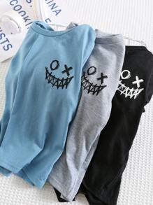 SHEIN Leap Crew 6 件装年轻男孩休闲纯色笑脸印花 T 恤和抽绳裤套装，适合户外学校、花园、海滩、生日、婴儿洗礼派对