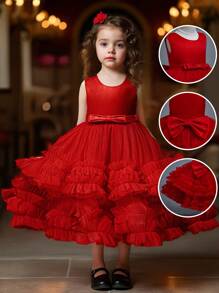 Baby Girl Sleeveless Thickened Satin Patchwork Multi-Layer Tulle Ruffle Tutu Skirt With Bow Decor On Front Waist & Ribbon Tie On Back - Red - View 1