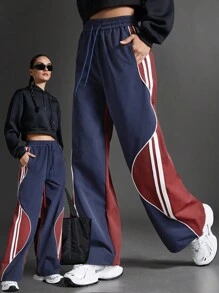SHEIN Sports Women's Casual Color Block Drawstring Waist Outdoor Pants - Blue - View 1
