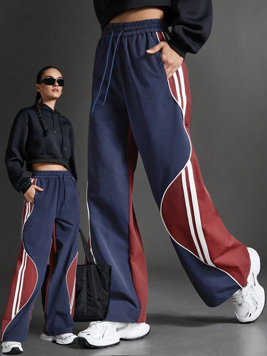 SHEIN Sports Women's Casual Color Block Drawstring Waist Outdoor Pants - Blue - View 1