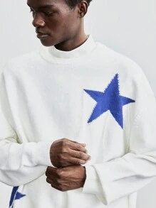 Maija 男士 2025 春夏白色宽松圆领套头长袖运动衫，简约时尚日常休闲百搭五角星印花图案落肩袖，适合约会 - 白色 - 查看 5